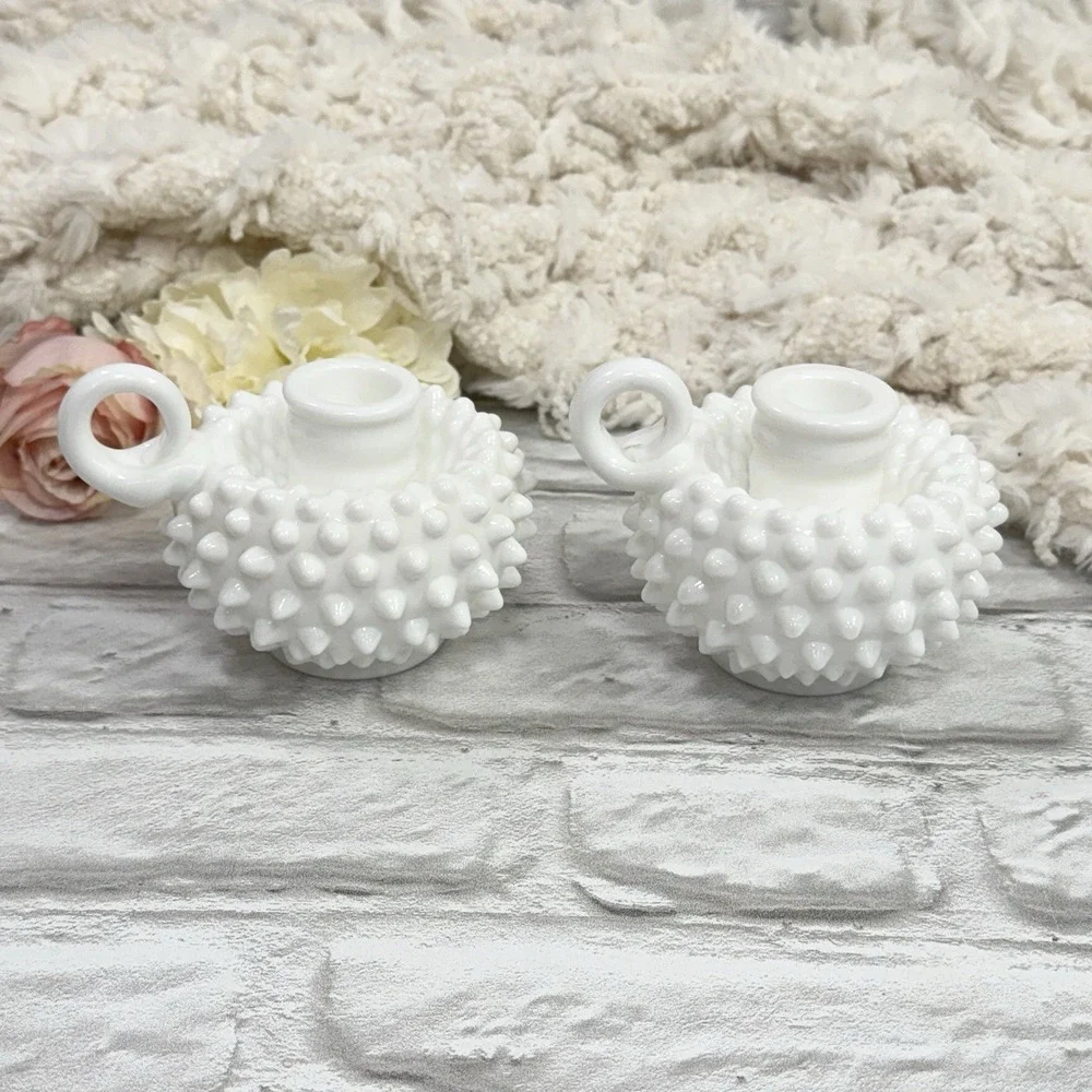 Vtg Fenton Hobnail White Milk Glass Single Finger Loop Handle Candle‎ Holder Set